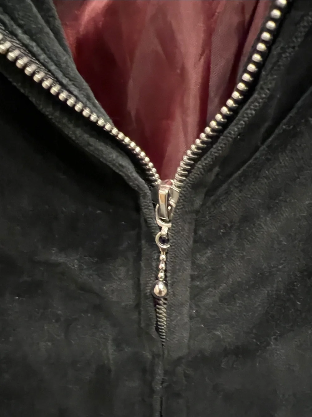 Urban Outfitters Black Velvet Bomber Jacket with Burgundy Lining